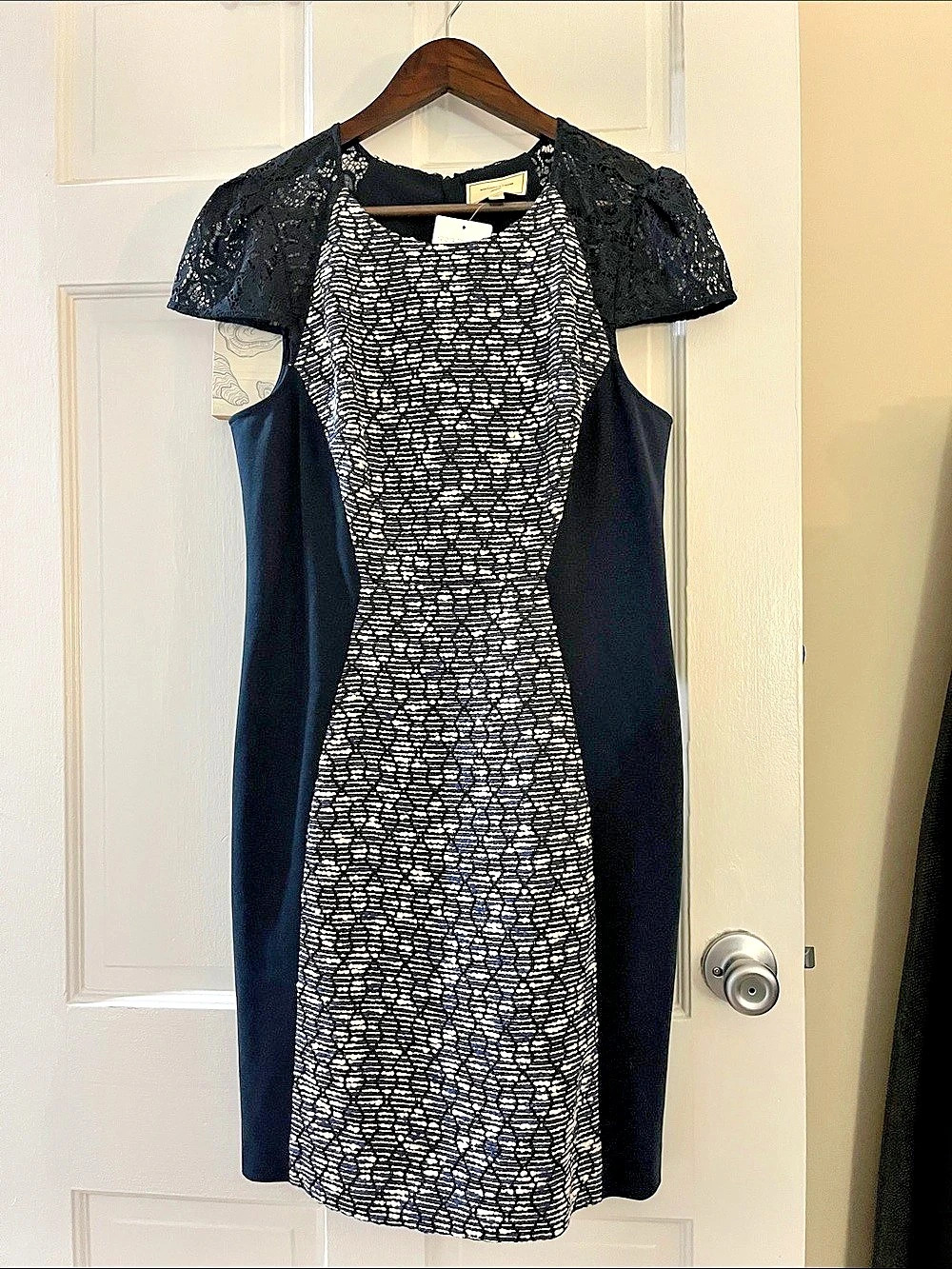 Moulinette Soeurs Grisaille Metallic Tweed Sheath Dress Midi Dress Blue & White